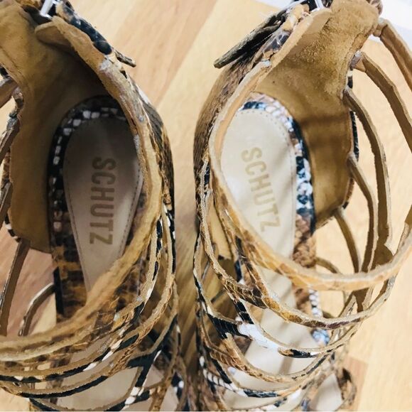 SCHUTZ Juliana Leather Caged Block Heel Sandal Snake Embossed Tan Black Size 7.5 - Picture 5 of 14